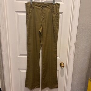 Cabi Linen Blend Charlie Trousers Olive Green Flare Leg Womens Pants Size 10‎